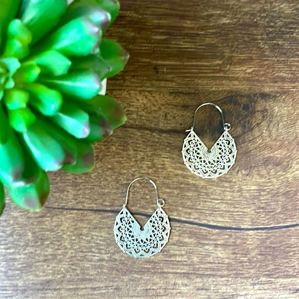 Silver Basketweave Hoop Earrings - Picture 3 of 10